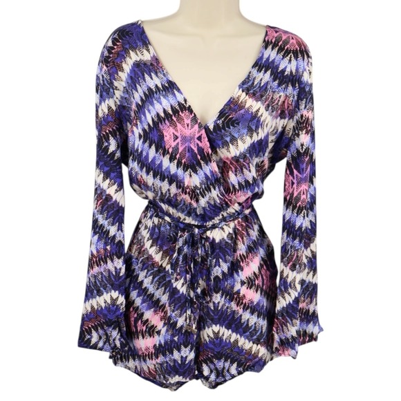 JustFab Pants - JustFab Blue Purple Abstract Surplice Romper Long Sleeve Elastic Waist S